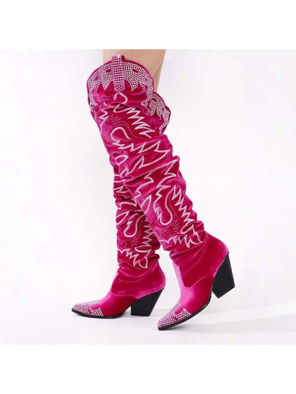 Women's Fuchsia Rhinestone Embroidered Thigh High Slouchy Wide Calf Cowgirl Boot